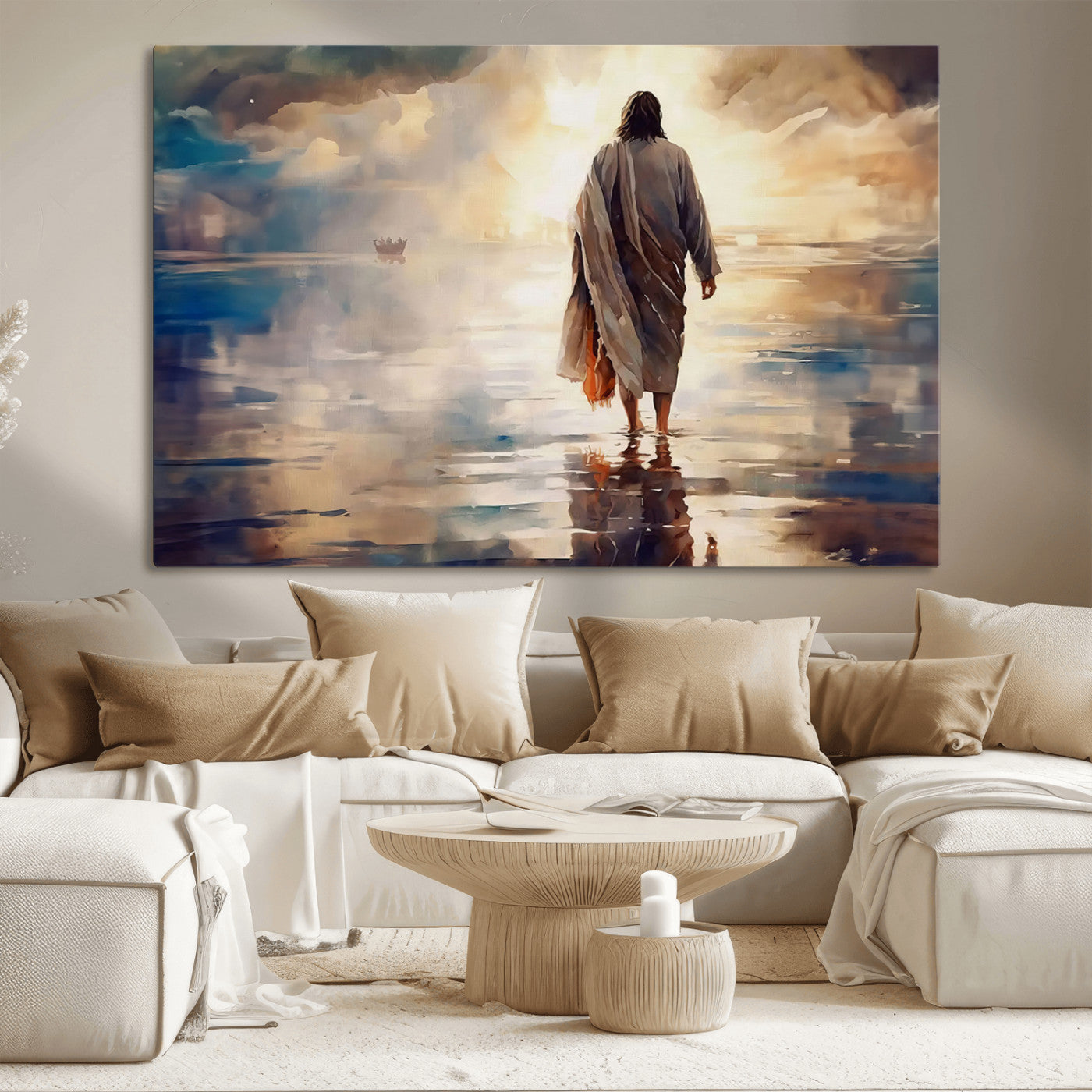 MGV-CV-36X24 - Jesus Walking on Water Wall Art | Ready to Hang Spiritual Triptych Canvas Print | Inspirational