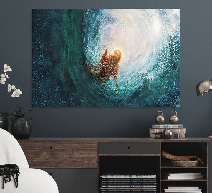 A swimmer heads towards light in an ethereal vortex on the Powerful Jesus Canvas Print - Hand of Salvation, Inspirational Wall Art.