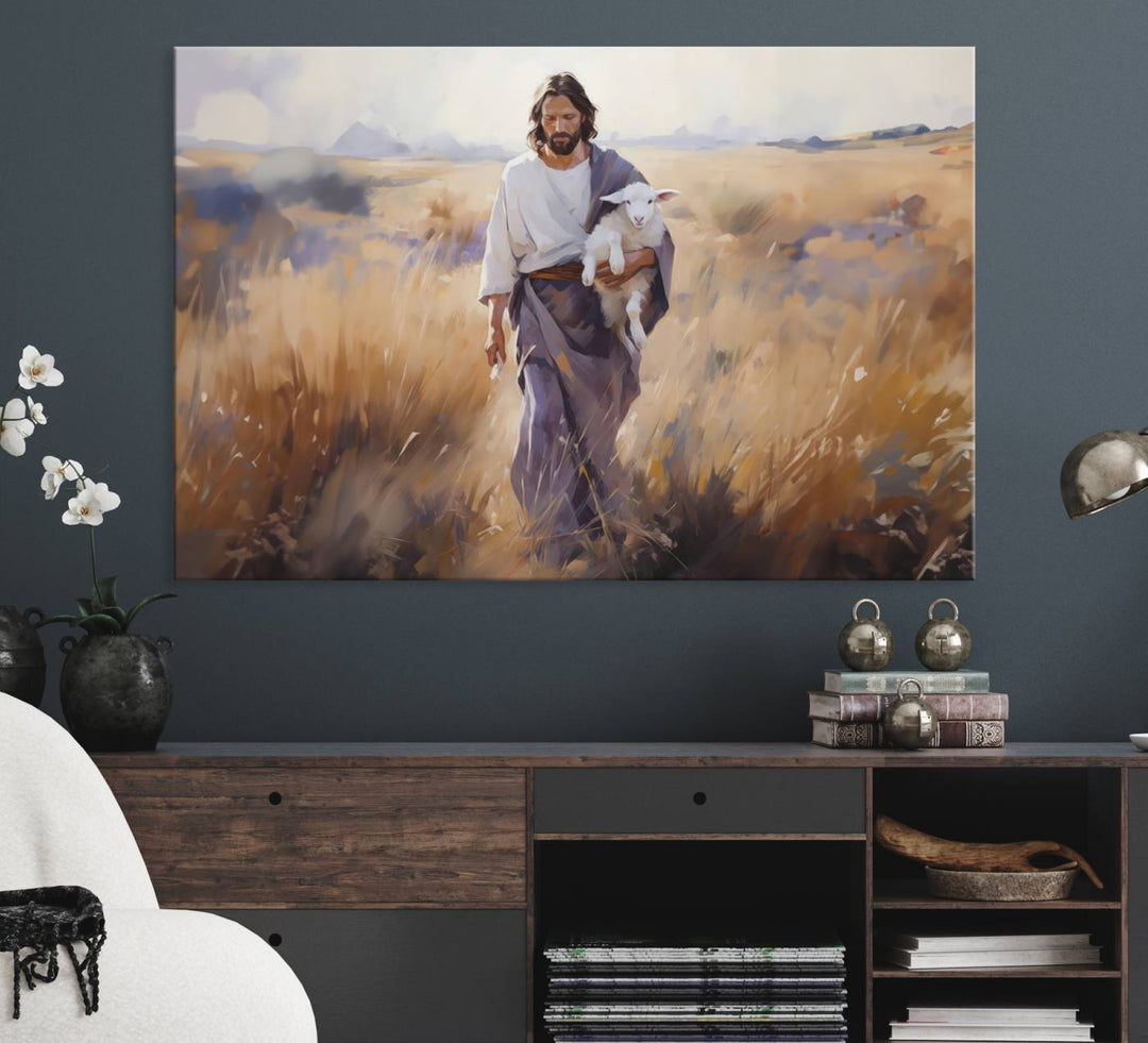 A canvas art piece depicts a bearded man carrying a lamb in a field, reminiscent of Jesus the Good Shepherd, ideal for prayer room decor.