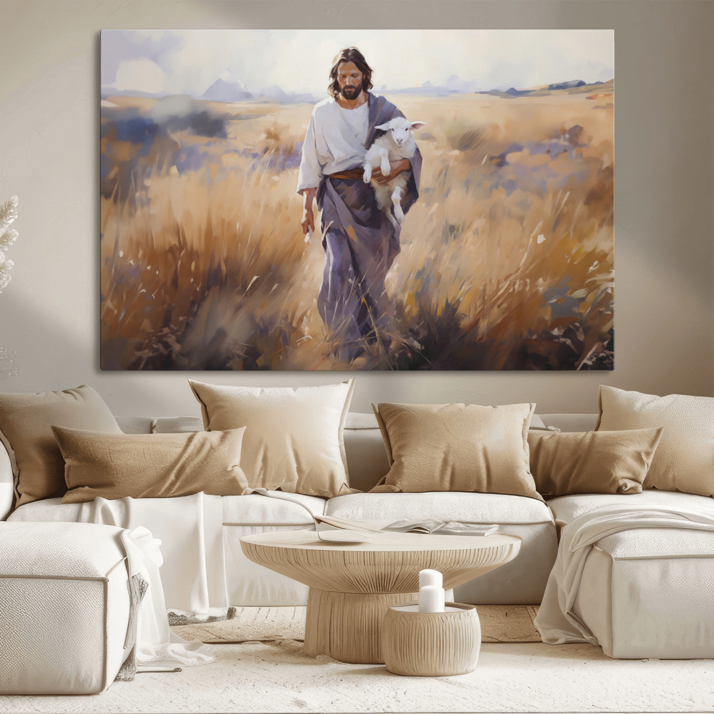 MGV-CV-36X24 - Jesus the Good Shepherd Wall Art Canvas Print - Lost Lamb Print for Prayer Room Decor