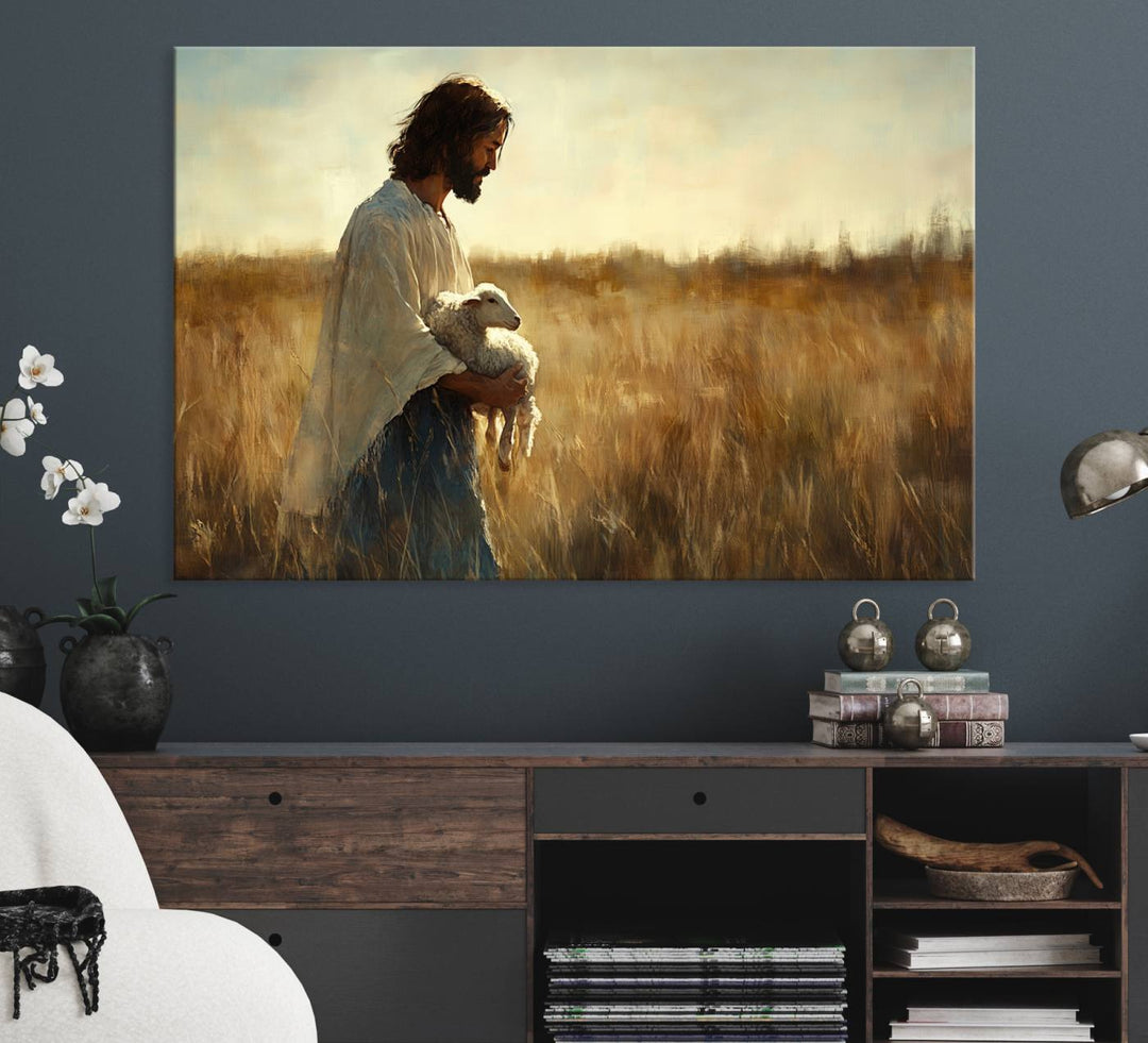 The Jesus the Good Shepherd wall art print depicts Jesus gently holding a lamb under a clear sky.