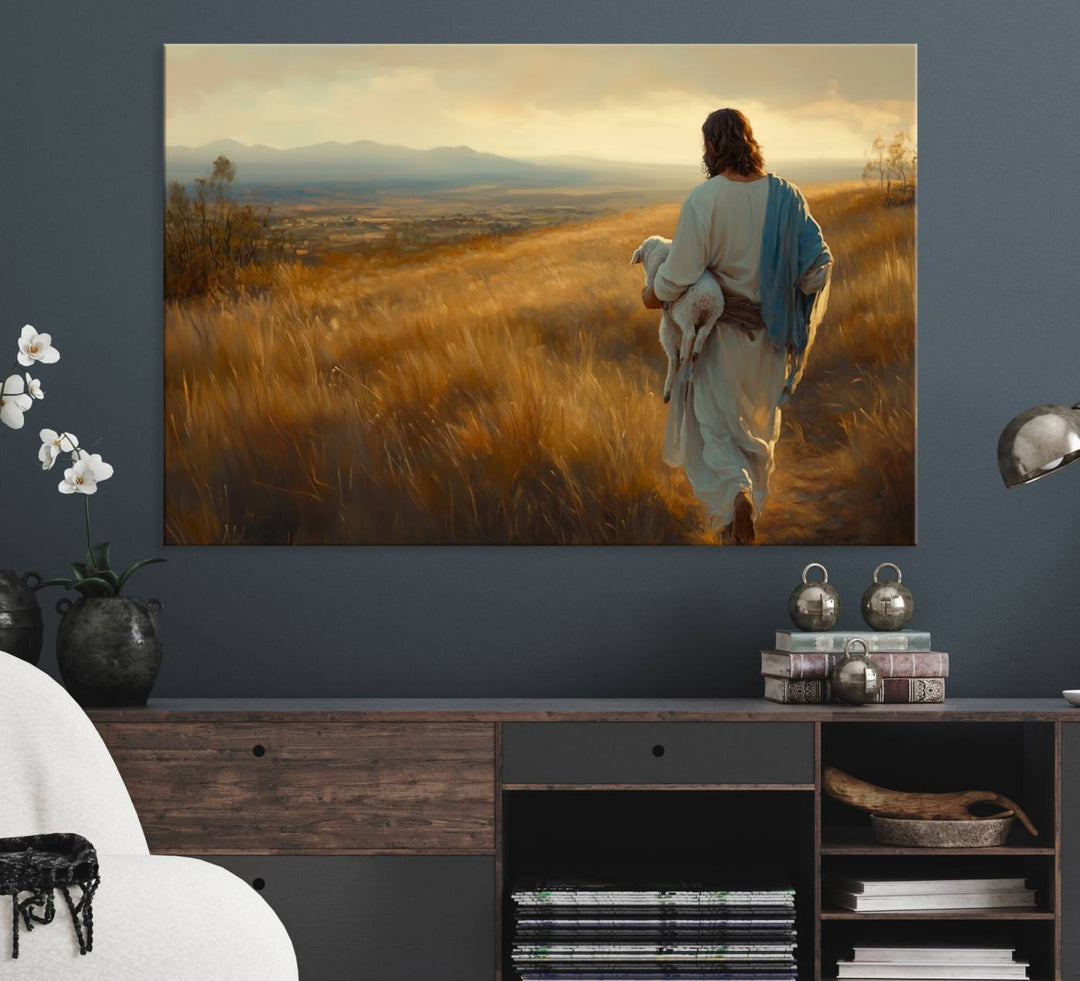 The wall art, titled Jesus the Good Shepherd, depicts a golden field at sunset.