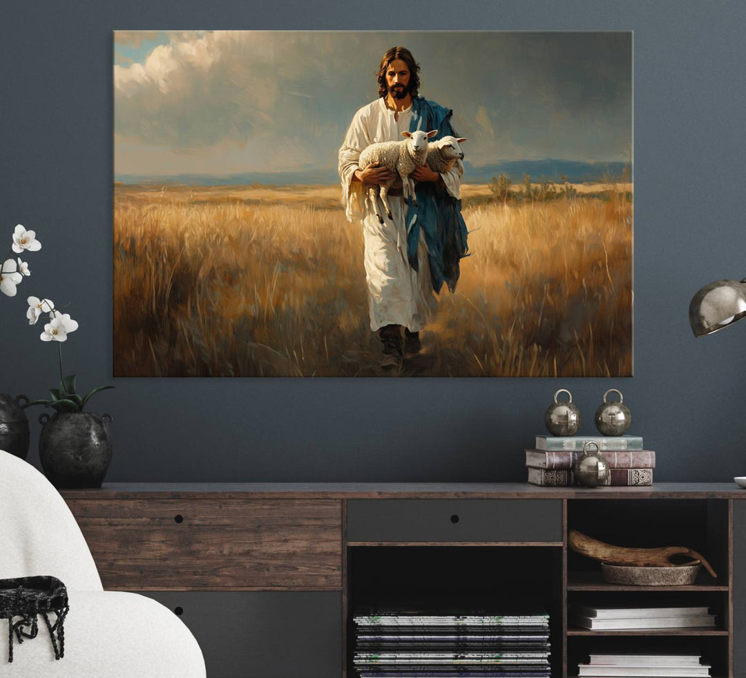 This Jesus Shepherd Wall Art depicts a figure in a white robe carrying a lamb, making it an ideal piece of Christian decor for your home.