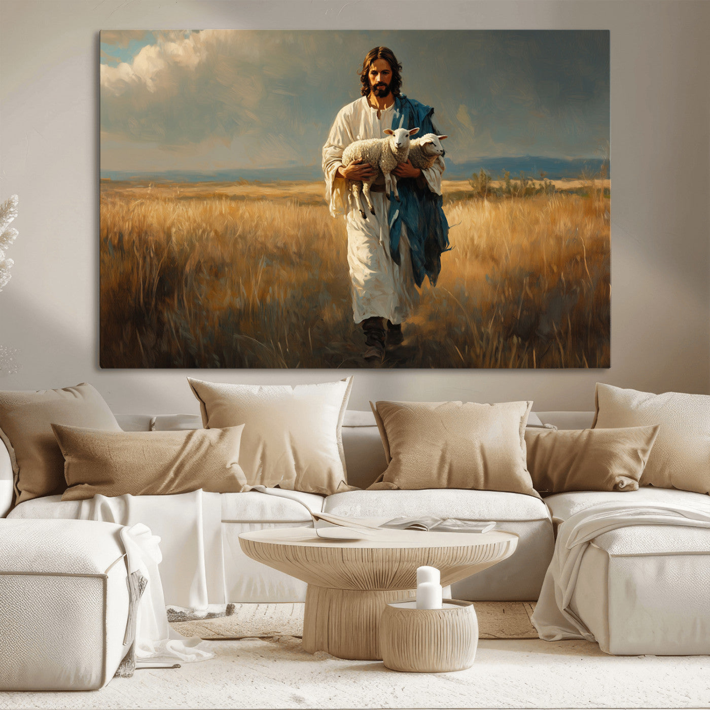 MGV-CV-36X24 - Jesus Shepherd Wall Art | Ready to Hang Triptych Canvas of Jesus Holding a Lamb in a Field |