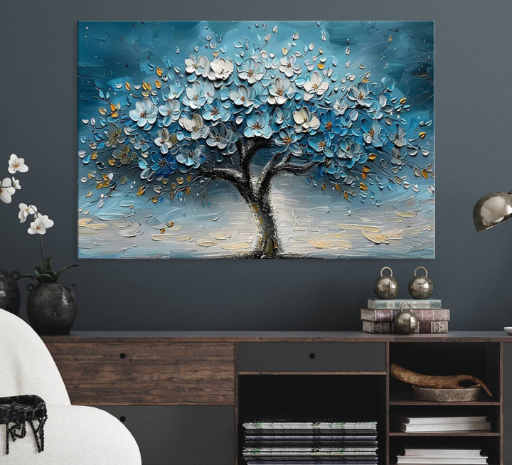 Abstract Blooming Tree Wall Art Print features blue, white, and gold textures on museum-quality canvas, perfect for modern decor.