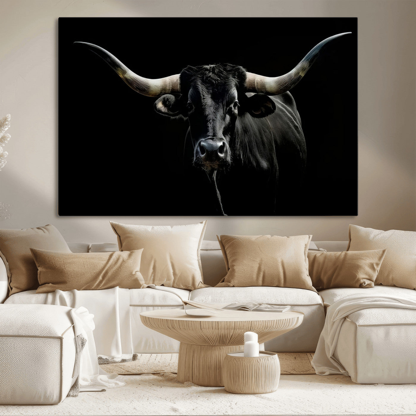 MGV-CV-36X24 - Texas Black Longhorn Bull Wall Art Canvas Print - Western Texas Cattle Rustic Decor Print - Longhorn