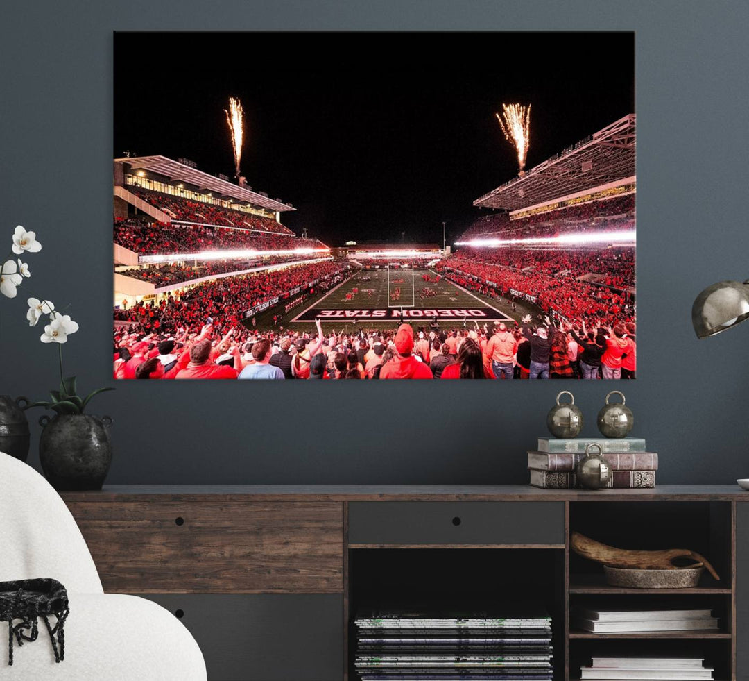 At Corvallis Reser Stadium, vibrant wall art captures the spirit of Oregon State Beavers football against a backdrop of a fireworks-lit night sky.