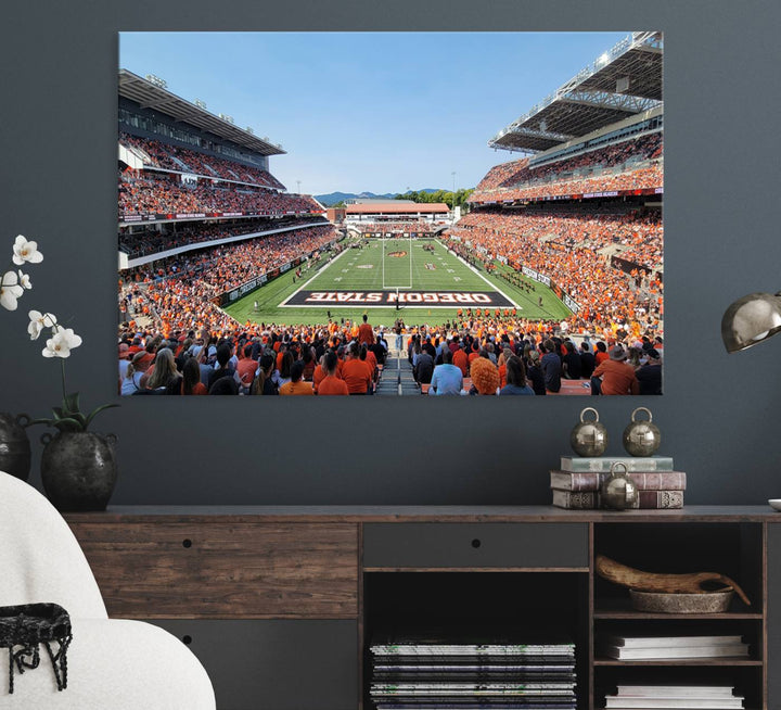 Wide-angle view of Corvallis Reser Stadium with Oregon State field, depicted in Beavers team print canvas art.