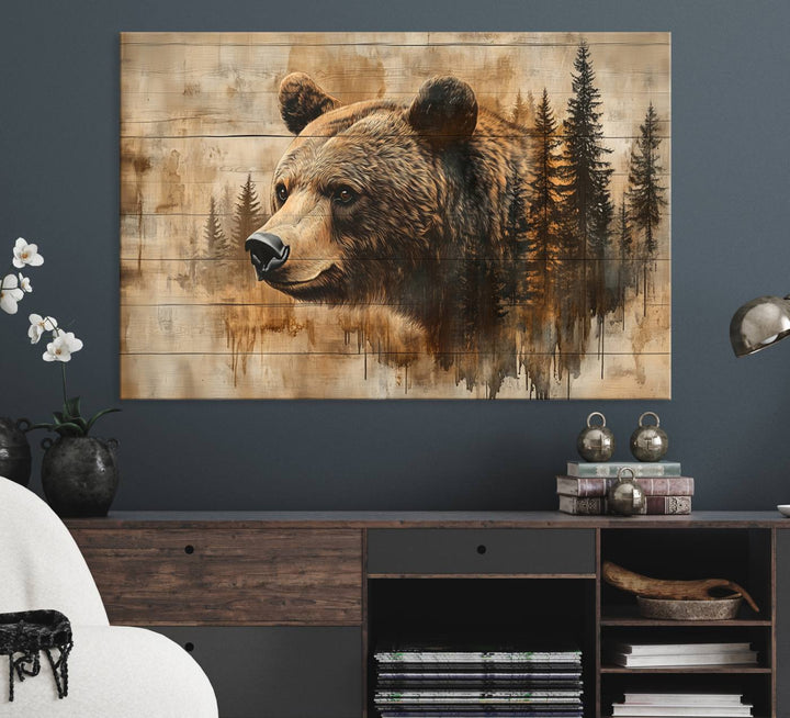 A Rustic Grizzly Bear Wall Art, ideal for farmhouse decor, beautifully adorns the setting with its charming presence.