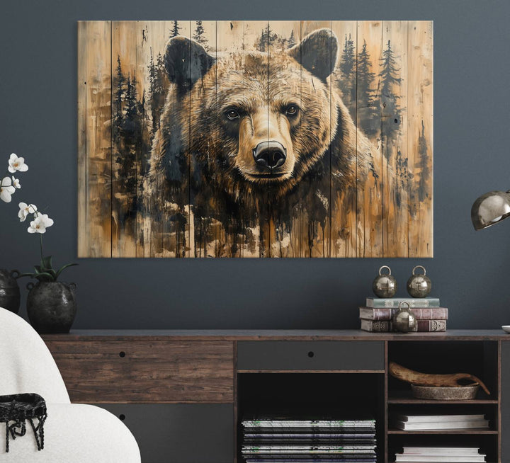 Majestic Grizzly 399 Bear 3-panel rustic canvas print with woodland theme.