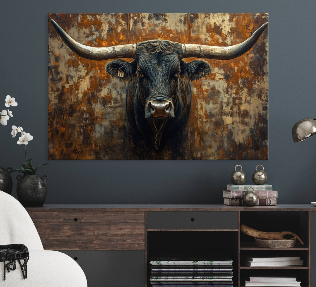 The Longhorn Texas Cow Bull Wall Art canvas print showcases rustic farmhouse decor.