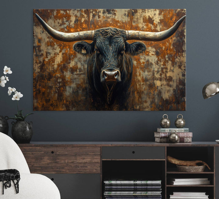 The Longhorn Texas Cow Bull Wall Art canvas print showcases rustic farmhouse decor.