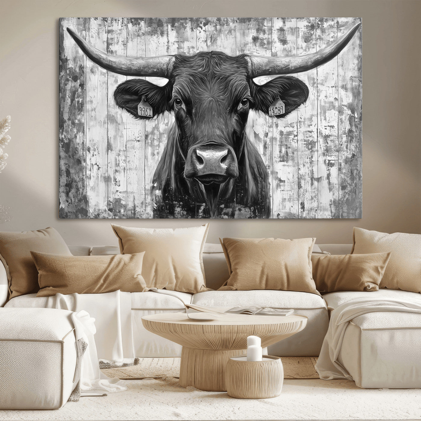 MGV-CV-36X24 - Abstract Longhorn Bull Wall Art Canvas Print - Rustic Texas Western Cow Artwork