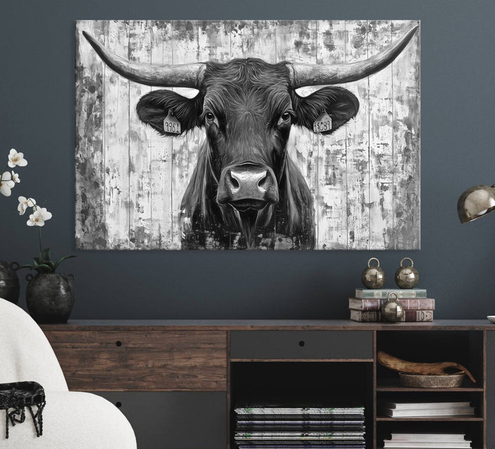 Abstract Longhorn Bull canvas print, featuring rustic Texas-themed wall art on a wooden background, ideal for Western decor.