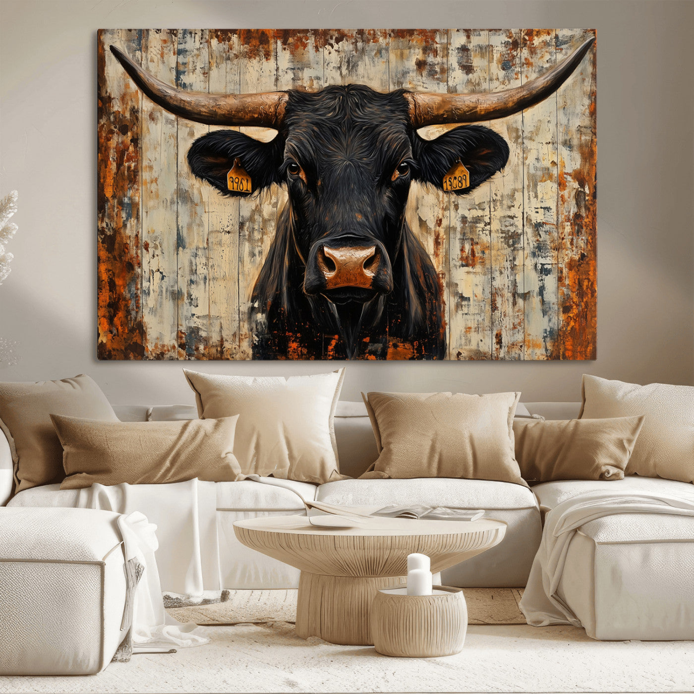 MGV-CV-36X24 - Rustic Texas Artwork Wall Art Canvas Print - Abstract Cow Longhorn Bull Wall Art Canvas Print