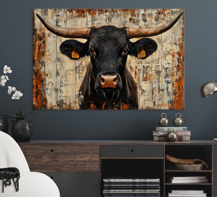 Black bull painting with horns and ear tags, ideal for rustic Texas decor - Abstract Cow Longhorn Bull Canvas Print.