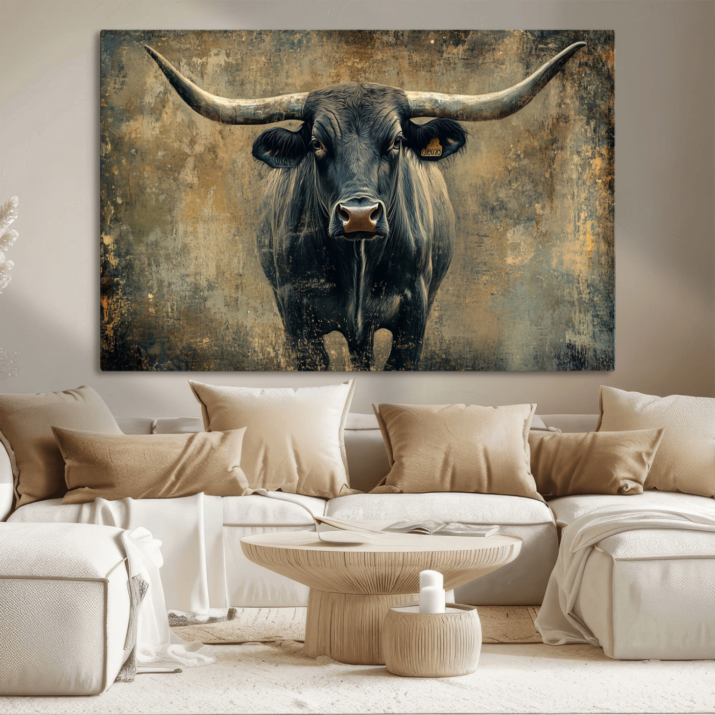MGV-CV-36X24 - Longhorn Bull Wall Art Canvas Print, Framed Rustic Cow Art Picture Print, Texas Longhorn Perfect Western Decor Artwork