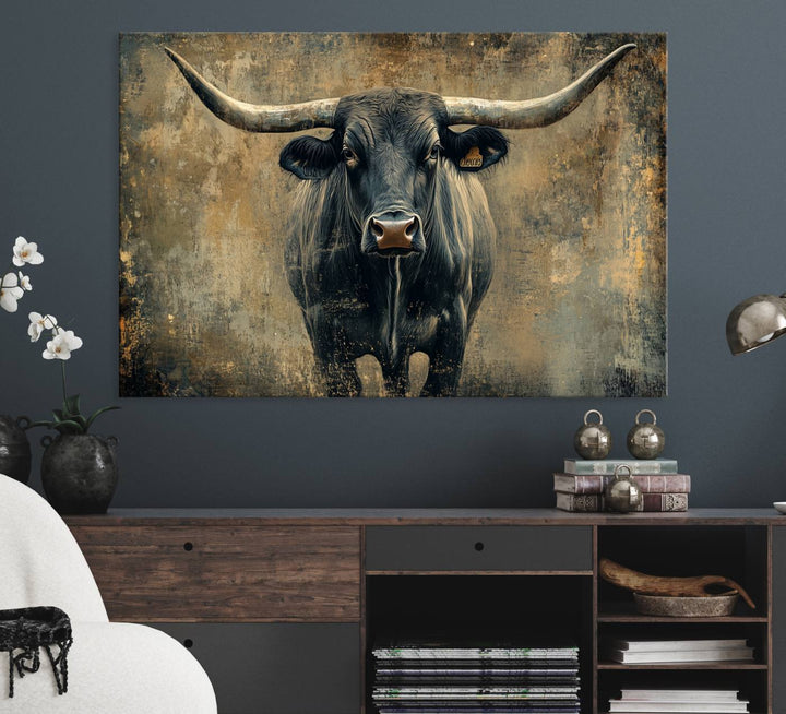 The Longhorn Bull Canvas Print features a bull with prominent horns facing forward, depicted in abstract Texas Western art style.