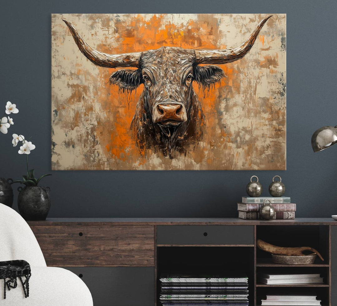 Abstract Cow Longhorn Bull Wall Art presents a detailed face centered on a textured orange and beige background.