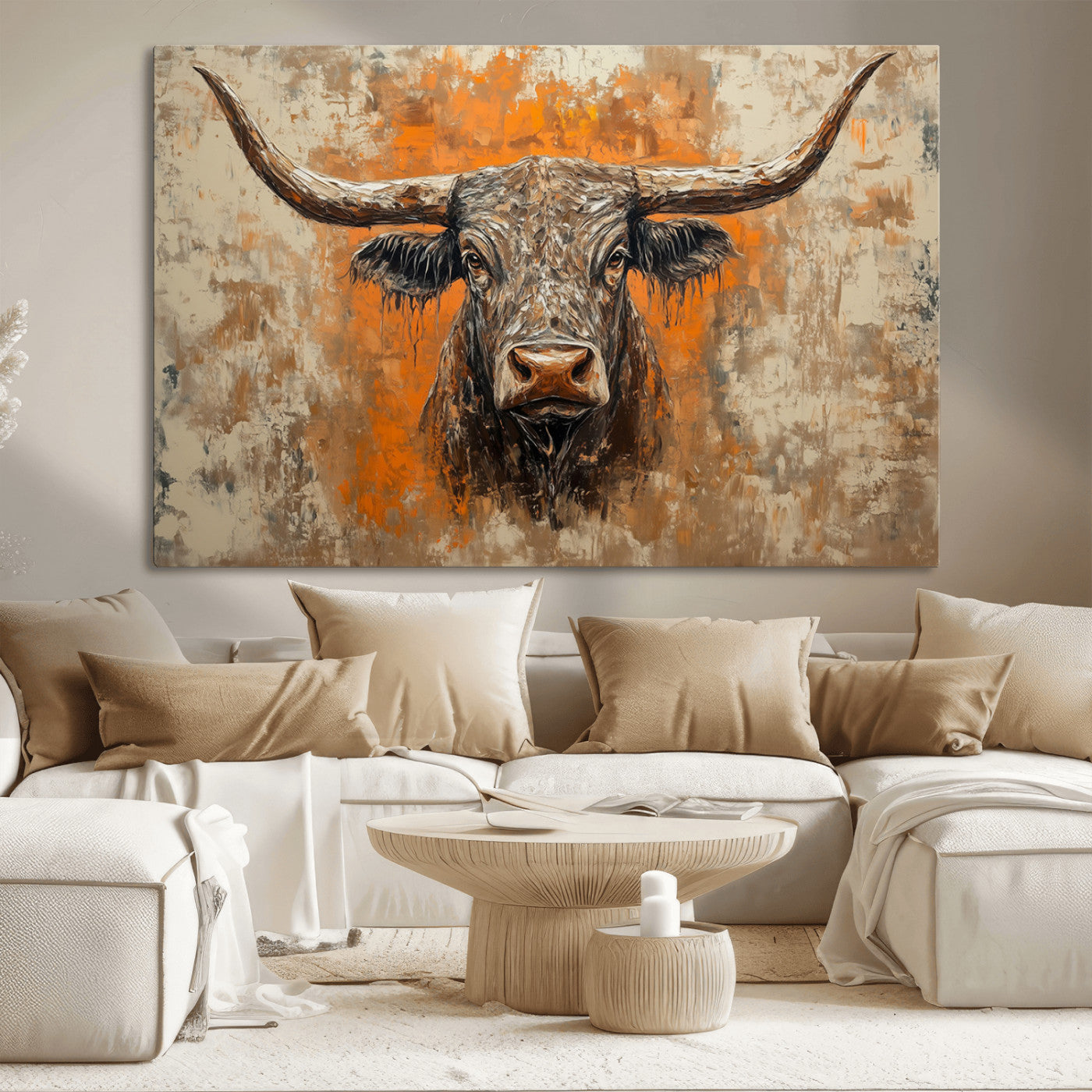MGV-CV-36X24 - Abstract Cow Longhorn Bull Wall Art Canvas Print - Rustic Texas Western Cattle Artwork