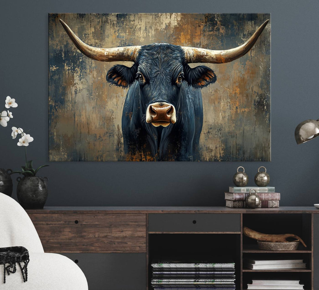 The Texas Western Wall Art Canvas Print showcases a Longhorn Bull set against an abstract brown and gray backdrop, making it perfect for rustic decor.