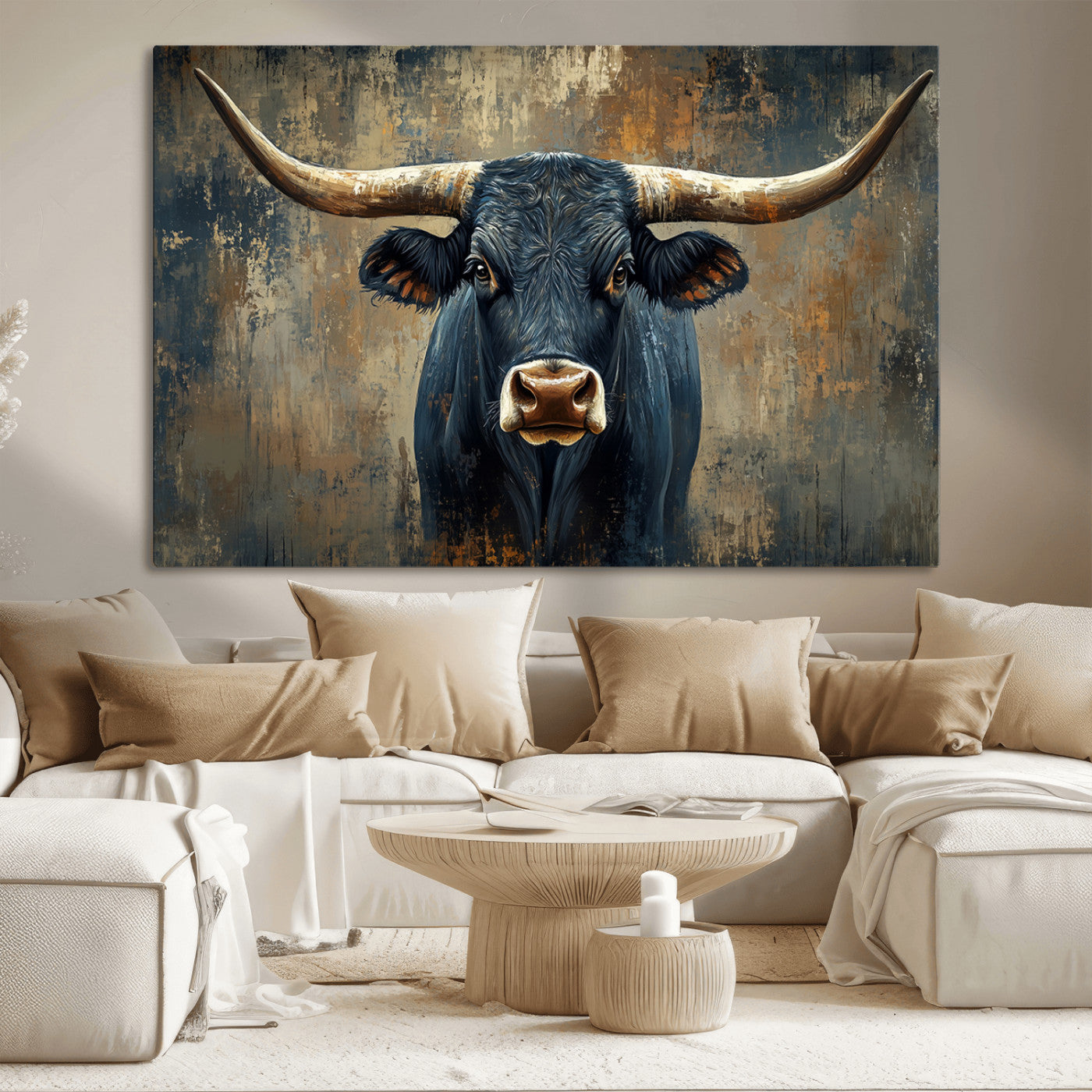 MGV-CV-36X24 - Texas Western Wall Art Canvas Print - Abstract Cow Longhorn Bull Wall Art Canvas Print - Rustic Cow