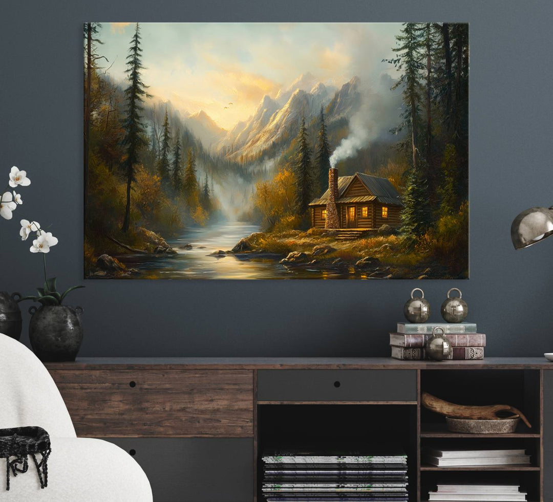 A cozy Wood Cabin Retreat Mountain at Sunset Wall Art features a serene forest and river landscape with smoke rising on a canvas print.