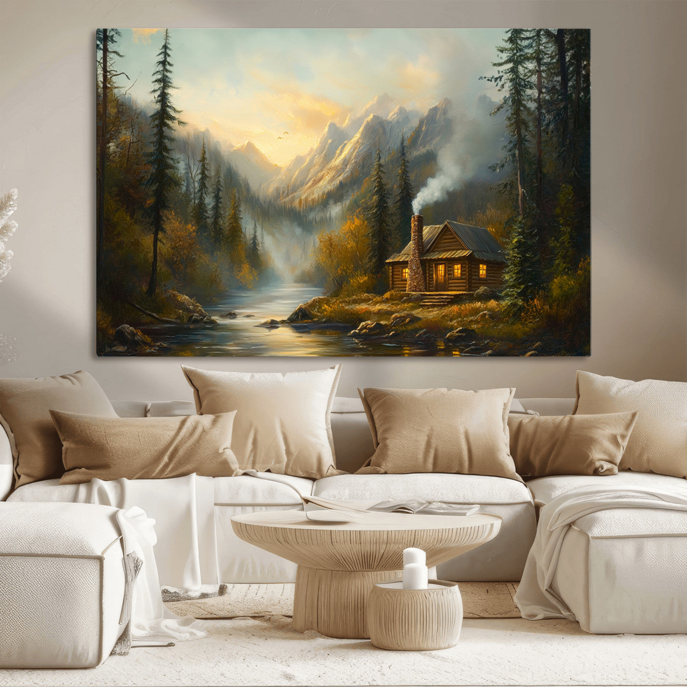 MGV-CV-36X24 - Wood Cabin Retreat Mountain at Sunset Wall Art Print - Serene Forest and River Landscape Wall Art