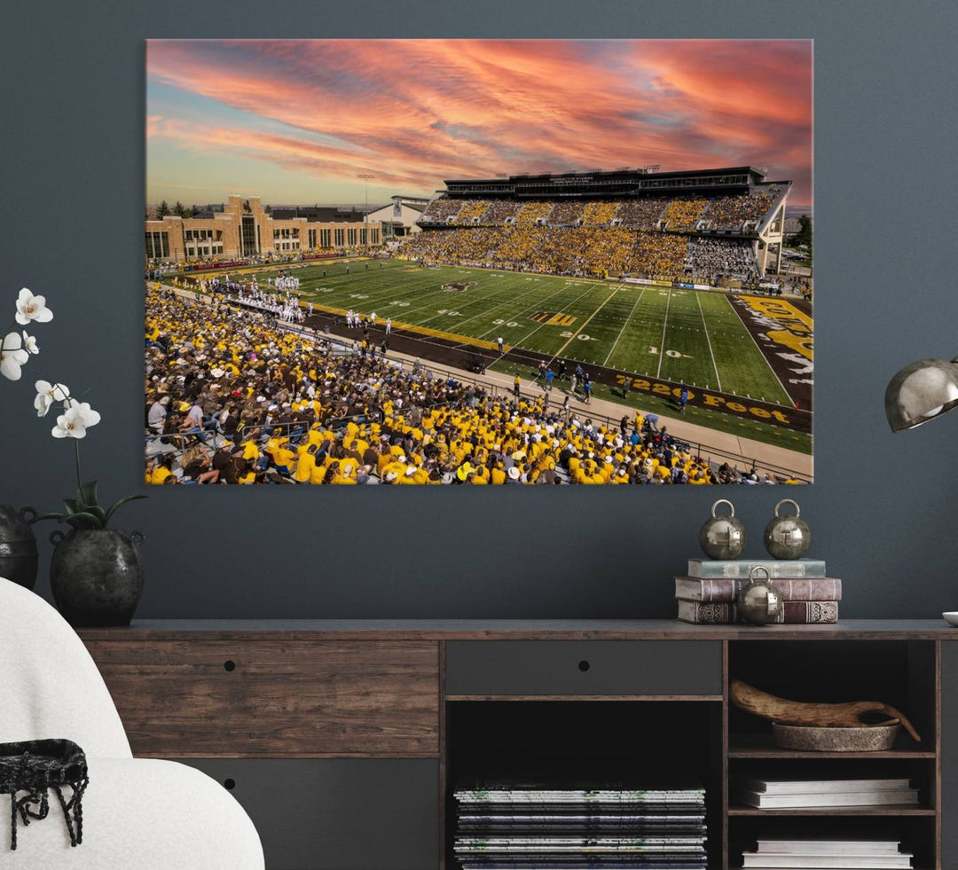 Capture the essence of a packed War Memorial Stadium at sunset with the Cowboys Football Canvas Print, highlighting fans cheering in yellow.