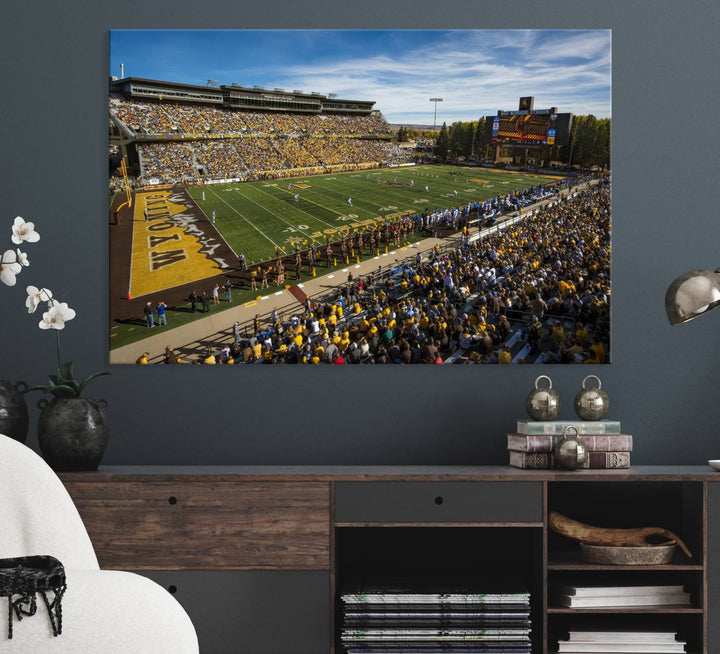 Canvas Wall Art Print: University of Wyoming Cowboys action at Jonah Field War Memorial Stadium under a sunny blue sky.