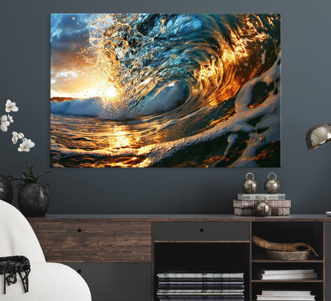 The Ocean Wave at Sunset canvas captures fiery waves with golden and blue hues, making it a perfect addition to nautical-themed decor.