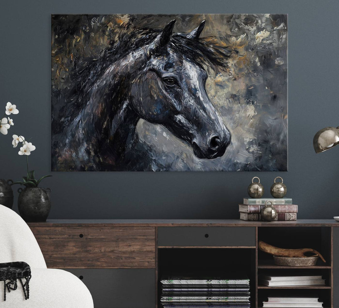 Abstract Horse Wall Art Canvas: A dark horses head and flowing mane set against a textured, muted background.