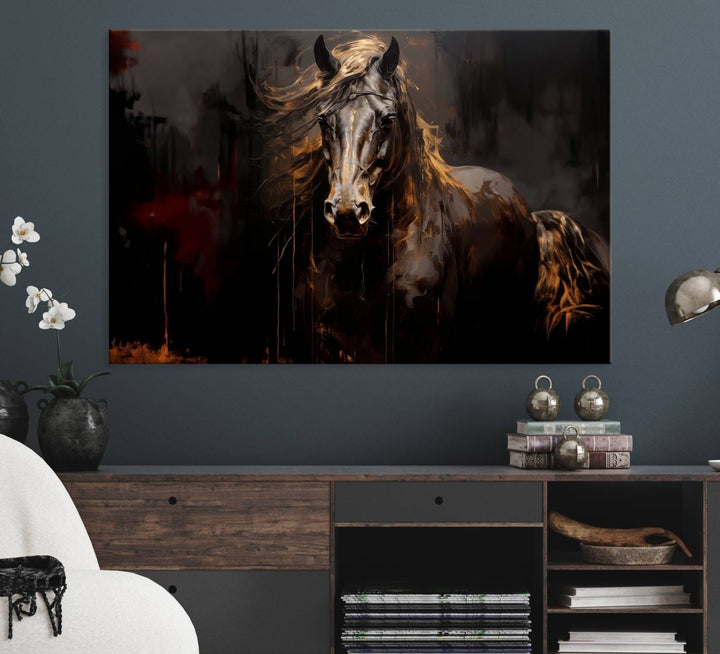 Abstract Black Horse Canvas Print – Featuring an equine spirit with a flowing mane on a dark background, perfect as farmhouse wall art.