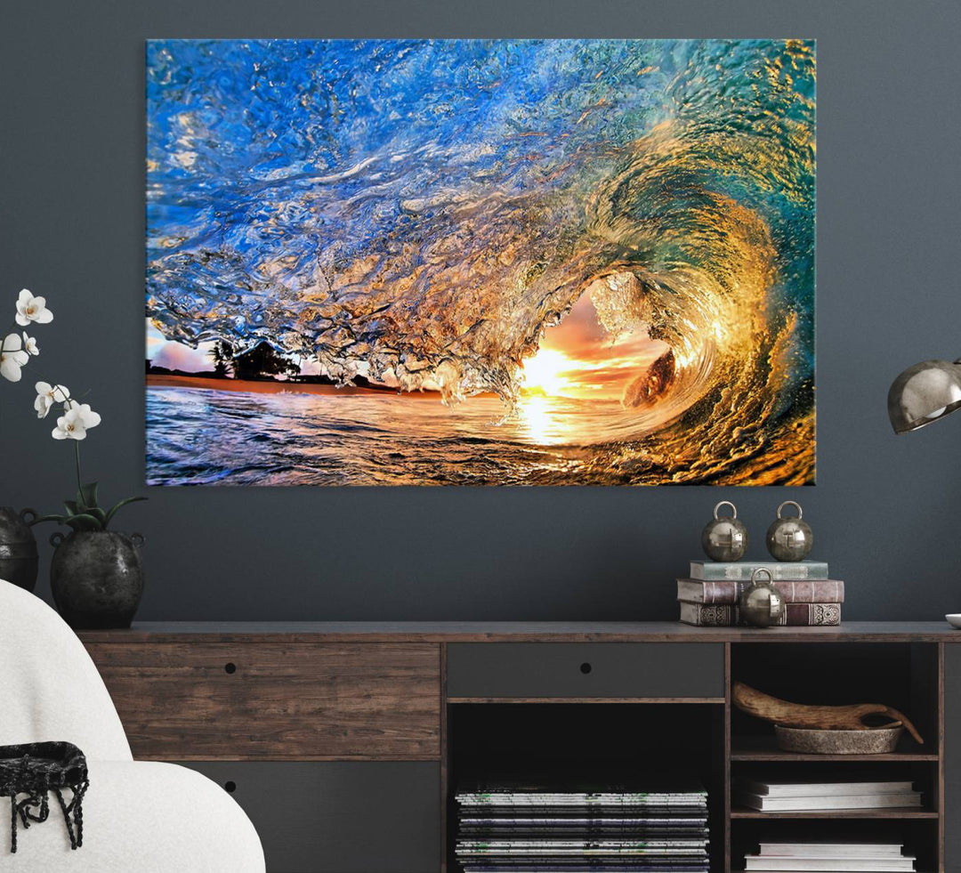 The Ocean Wave at Sunset Canvas Art captures vibrant coastal colors, perfect for nautical decor.