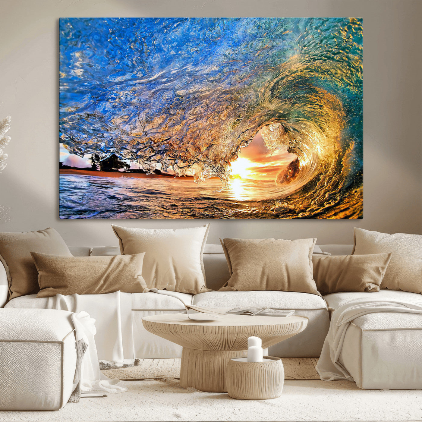 MGV-CV-36X24 - Ocean Wave at Sunset Canvas Wall Art – Vibrant Coastal Beach Waves Print, Large Nautical Decor,
