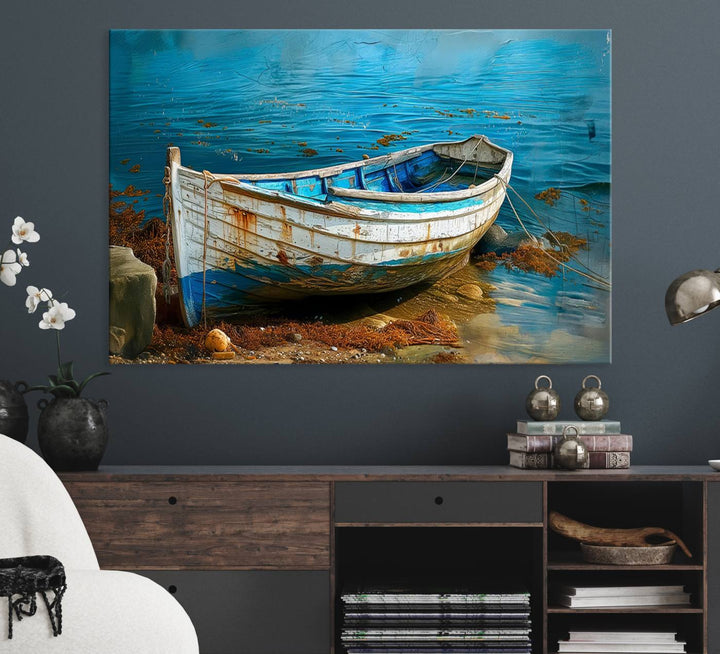 Vintage Boat on Tranquil Waters | Coastal Wall Art for Nautical Decor | Rustic Triptych Canvas Print | Beach House Art for Coastal Home Decor