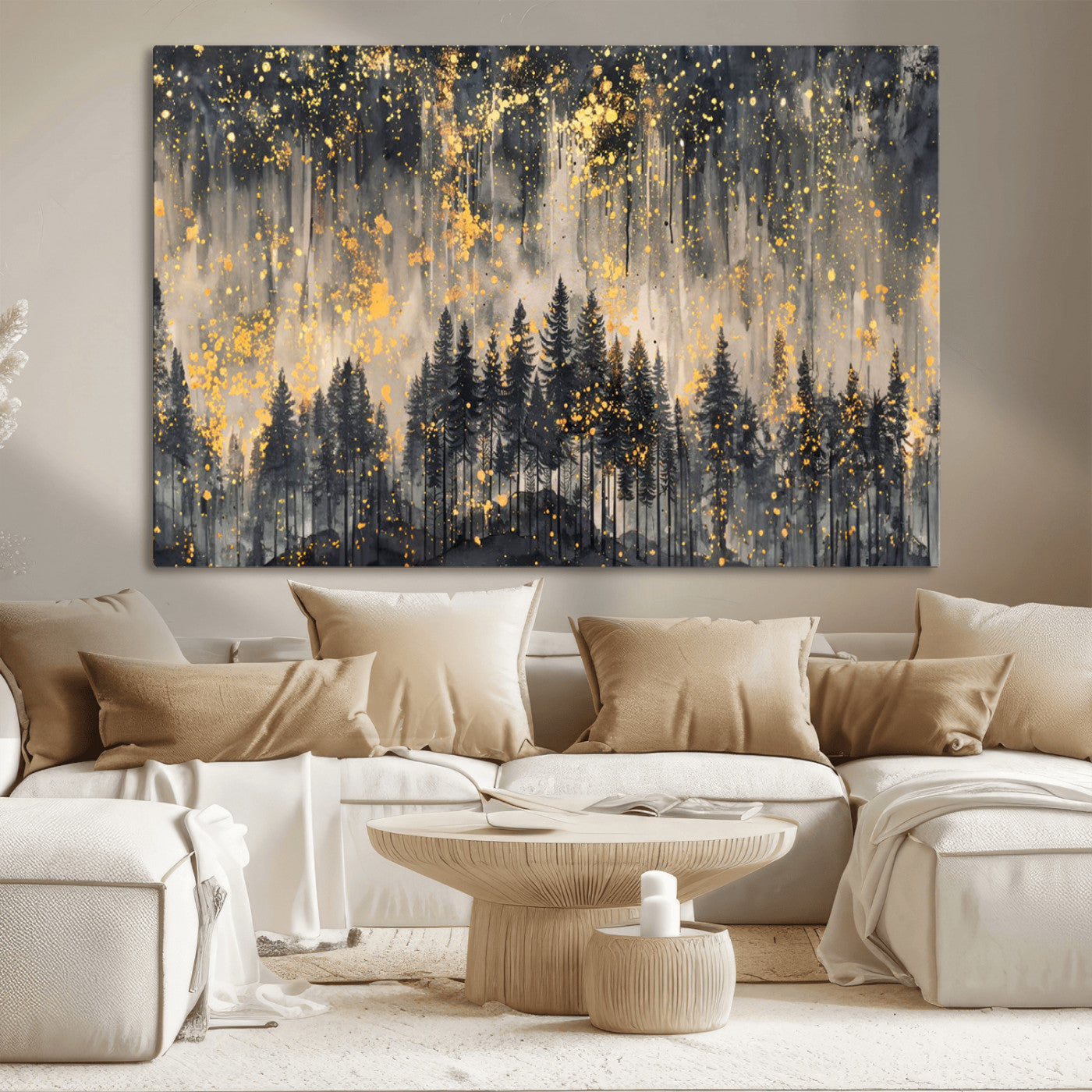 MGV-CV-36X24 - Golden Forest Abstract Wall Art | Dark Forest with Gold Splatter Accents | Triptych Ready to Hang
