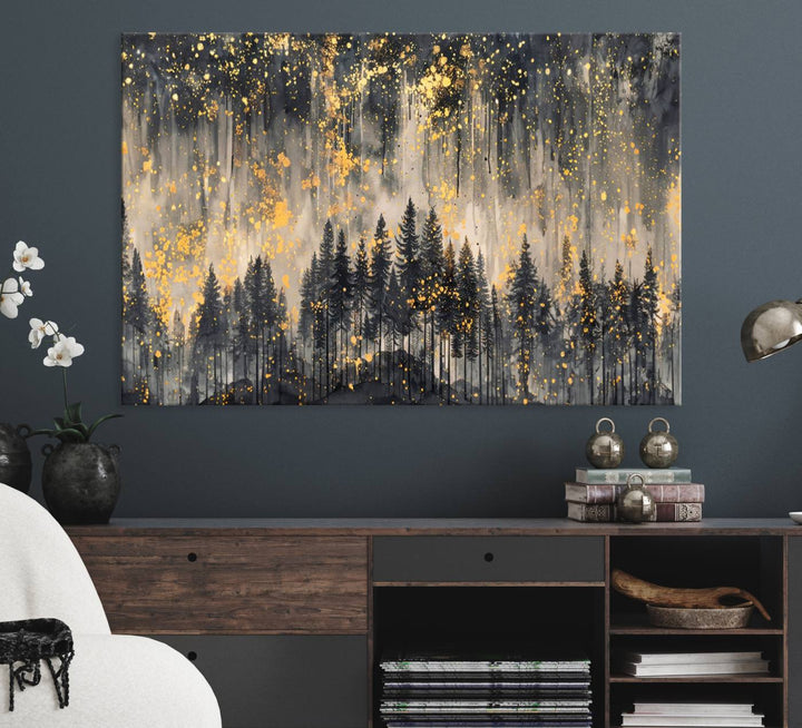 Golden Forest Abstract Wall Art | Dark Forest with Gold Splatter Accents | Triptych Ready to Hang Canvas Print for Modern Home Decor