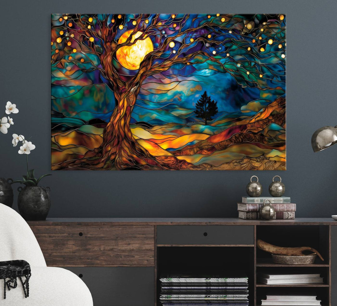 The vibrant Yggdrasil Tree of Life Wall Art depicts a moonlit tree.