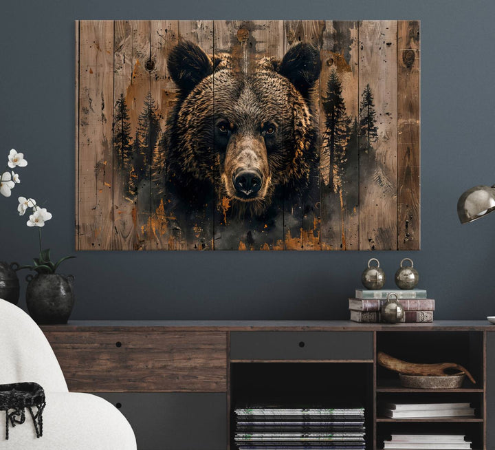 Rustic Grizzly 399 Wall Art is showcased against wood panels with forest silhouettes.