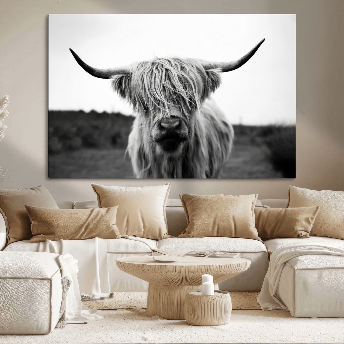 MGV-CV-36X24 - Highland Cow Wall Art | Black and White Farmhouse Decor | Triptych Canvas Print | Rustic Barn Decor