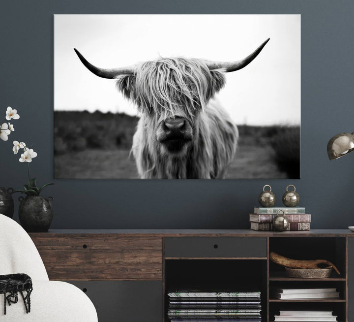 Highland Cow Wall Art: A black and white triptych canvas print, ideal for enhancing farmhouse or rustic barn decor.