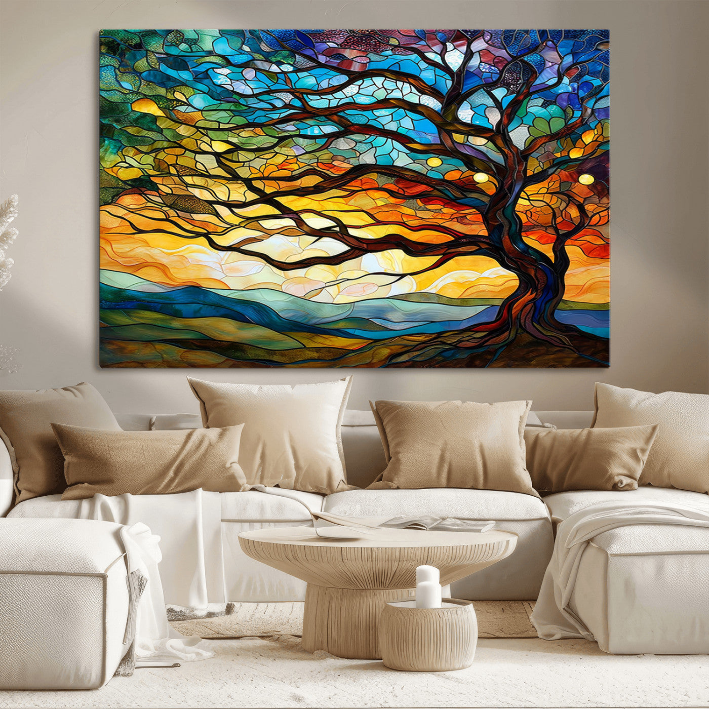 MGV-CV-36X24 - Vibrant Mosaic Tree of Life Wall Art | Stained Glass Style Canvas Print | Ready to Hang Artistic