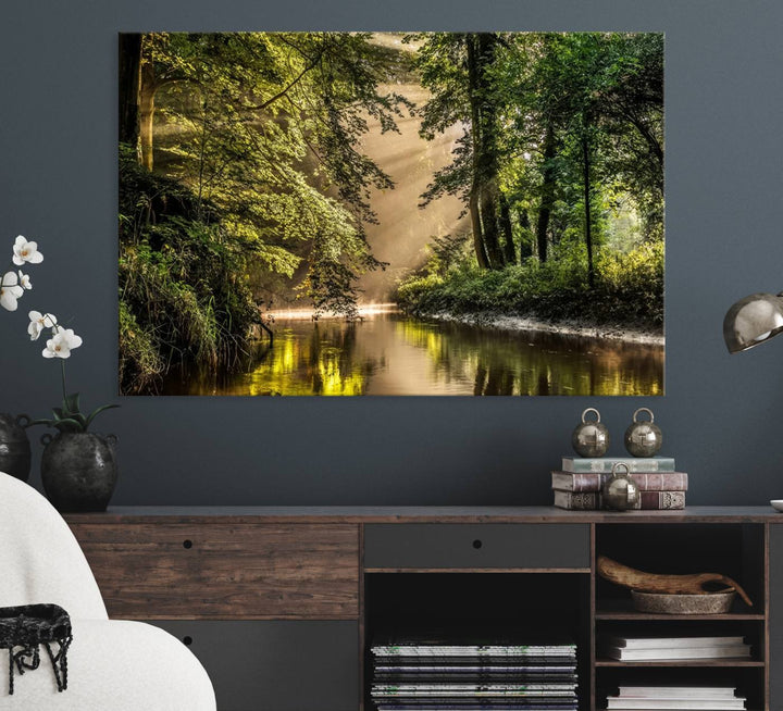 Forest Wall Art Print: A river landscape bathed in sunlight, perfect for rustic decor or as wall art for farmhouses and cabins.