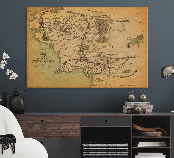 J.R.R. Tolkien's Middle-Earth World Map 3 Panel Wall Art Canvas Print | Vintage Map Wall Art for Living Room or Office | Large Framed Gallery Wrap