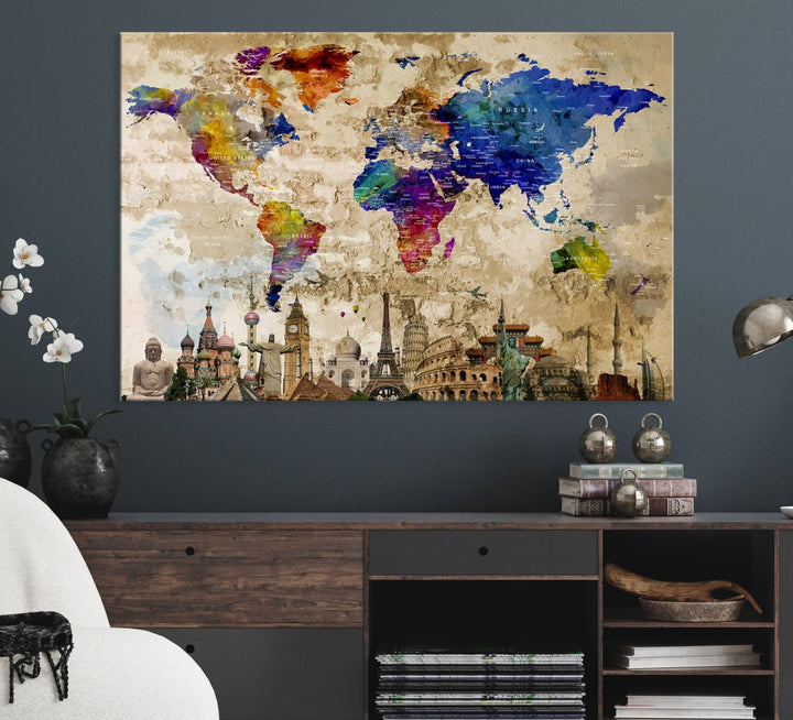 Artistic world map featuring landmarks like the Eiffel Tower, printed on premium wall art for office or living space.