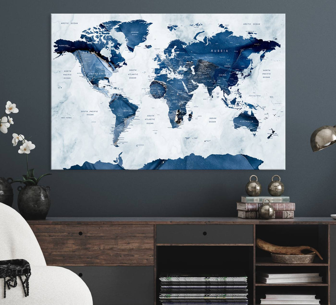 Navy Blue World Map with Antarctica Canvas: A perfect abstract home decor piece featuring a grunge-stained background.