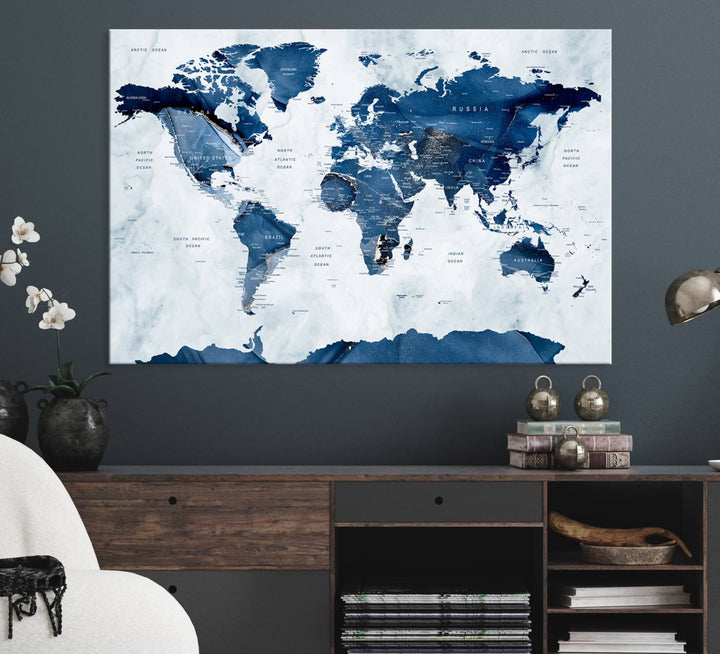 Blue and white watercolor World Map Wall Art Canvas Print, perfect for enhancing decor.