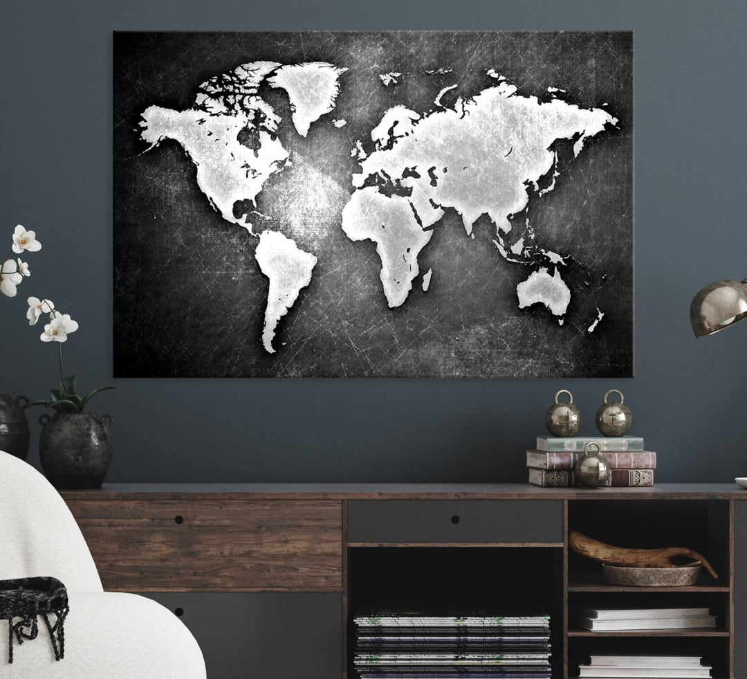 Black & White 3-Panel Framed World Map Canvas Art with Grunge Design.