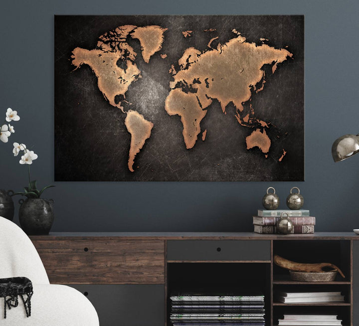 Maroon World Map Wall Art: Copper continents on a grunge-stained canvas, ideal for enhancing your decor.